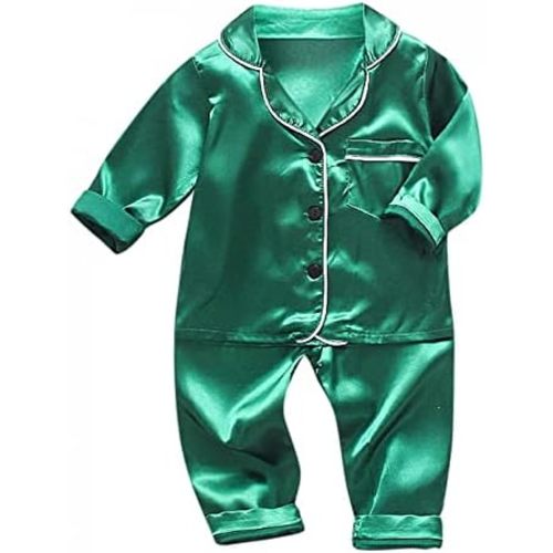 Pajama Set for Kid Baby Boy Girl Button-up Silk Pajama Sleepwear Nightwear Loungewear Clothes Set Gifts for Kids