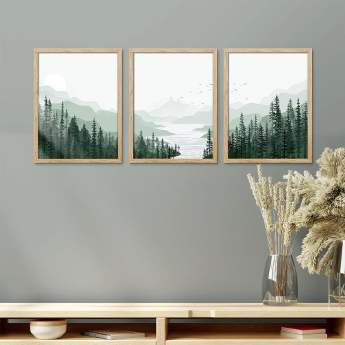 IDEA4WALL Woodland Forest Landscape IDEA4WALL Frame Sage Green Mountain Range Pine Tree Forest Wall Art, Set Of 3 Nature Wilderness Illustrations Wall Decor Prints Minimalist Wall Décor For Living Room, Bedroom 3 Pieces | Wayfair