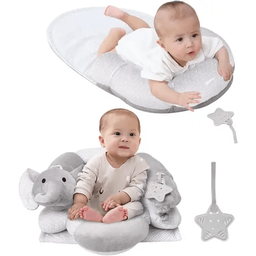 Lovvie & Joy 2-in-1 Tummy Time Mat & Seated Support Pillow,Baby Tummy Time Pillow Support for Newborns and Older Babies,with Detachable Support Pillow and Toys Elephant