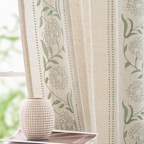 jinchan Linen Curtains for Bedroom 84 Inches Length Linen Blended Embroidered Floral Curtains for Living Room Farmhouse Decor Light Filtering Window Treatments Sage on Beige Drapes 2 Panels