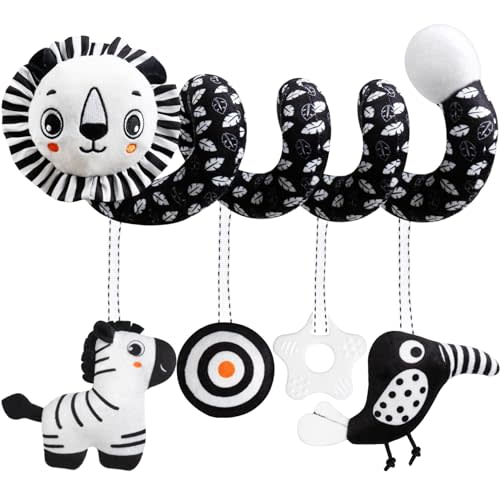 Baby Carseat Toy Black & White Rattle Spiral Hanging Activity Stroller Toy for Newborns Boys and Girls, Easter Basket Stuffers - Lion