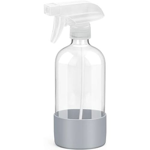 Rionisor Glass Spray Bottles with Silicone Sleeve Protection, Empty 16 oz Refillable Containers, Reusable Spray Bottles with Adjustable Nozzle for Hair, Cleaning Solutions, Essential Oils 1 Pack Grey