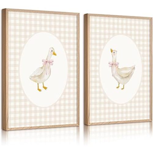 Nursery Goose Wall Art Girl Coquette Canvas Wall Decor Baby Room Wall Art Pink Bow Pictures Vintage Prints Duck Gingham Poster Girl Nursery Painting for Bedroom Living Room 12x16x2 Inch Unframed