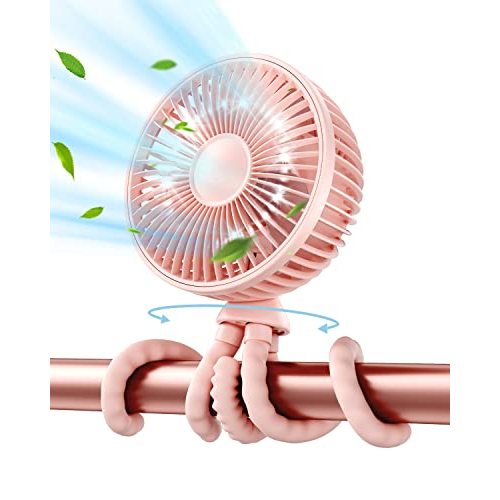 Gaiatop Baby Stroller Fan, 4000mAh Oscillating Mini Portable Fan with Light, 4 Speeds Battery Operated Small Handheld Desk Fan, 360° Rotate Flexible Tripod Clip On Fan for Car Seat Crib Travel Pink