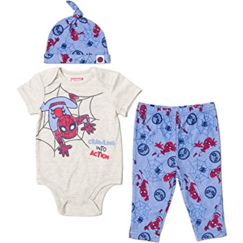Marvel Avengers Hulk Captain America Spider-Man Baby Bodysuit Pants and Hat 3 Piece Outfit Set Newborn to Infant