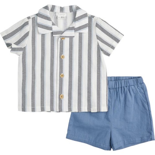 Baby Blueberry Dot Stripe Button-Up Shirt & Shorts Set, Navy