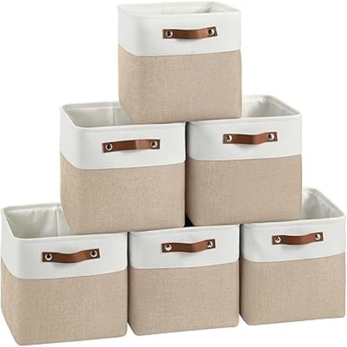 Cube Storage Baskets 6 Pack, 11x11 inch Cube Storage Bins with Leather Handles for Shelf Closet (White/ Khaki)