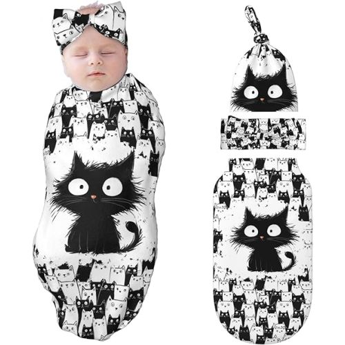 Cat Swaddle Blankets Newborn Receiving Blanket Baby Swaddle Wrap with Headband Hat Set for Baby Girls Boys