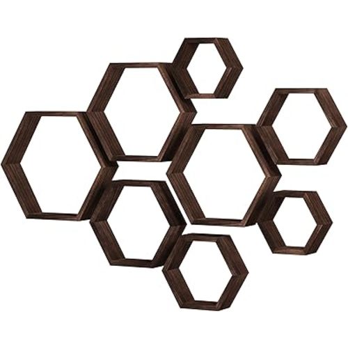 WONFUlity Hexagon Floating Shelves Honeycomb Shelves Wall Mounted Wood Farmhouse Storage Wall Shelf for Bathroom, Kitchen, Bedroom, Living Room,Driftwood Finish Wall Decor,Dark Brwon