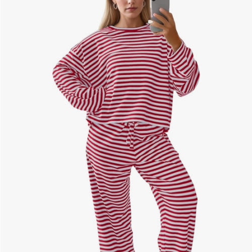MISSACTIVER Women's Striped 2 Piece Lounge Set Casual Long Sleeve T-Shirt Drawstring Wide Leg Pants Matching Pajamas Set