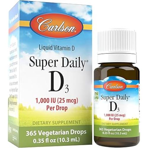 Carlson - Super Daily D3, Vitamin D Drops, 1,000 IU (25 mcg) per Drop, 1-Year Supply, Vitamin D3 Liquid, Heart & Immune Health, Vegetarian, Liquid Vitamin D3 Drops, Unflavored, 365 Drops