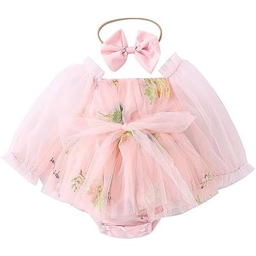 ODASDO Newborn Baby Girl Romper Dress Flower Embroidery Tutu Princess Long Sleeve One-Piece Bodysuit Cake Smash Outfit