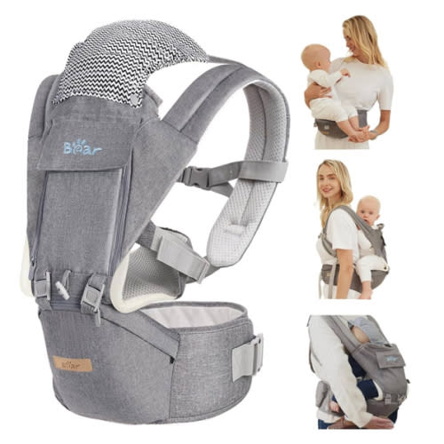 Bear Baby Carrier, 6-in-1 Baby Carrier Newborn to Toddler with Hip Seat (Ergonomic M Position) for 3-36 Month/ 7-44lbs Baby, Adjustable Size for Enhanced Lumbar Support, Perfect for On-The-go