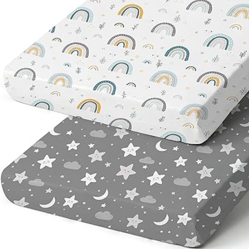 Baby Crib Sheets 2 Pack – Ultra Soft & Stretchy, Fits Standard Crib Mattress (52” x 28”) – Breathable & Wrinkle-Free, Perfect for Boys & Girls, Newborn to Toddler, Durable & Snug Fit Rainbow Stars