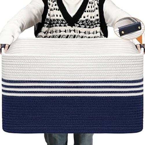 DOFASAYI Storage Baskets - Large Blanket Basket Living Room with Leather Handles, Baskets for Organizing, Versatile Cotton Rope woven baskets for storage, Dark Blue