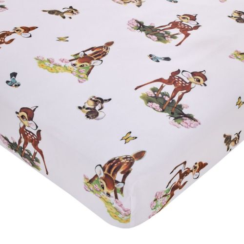 NoJo Disney Vintage Bambi - Tan, Green and White, Bambi and Thumper Floral Nursery Fitted Crib Sheet