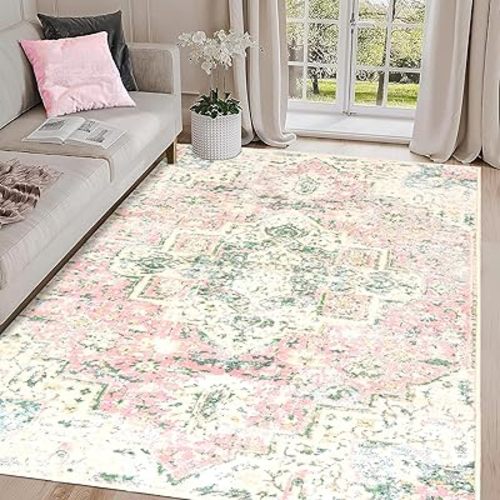 8x10 Large Washable Living Room Rug Pink and Green Vintage Area Rugs Non-Slip Non-Shedding Print Kitchen Floor Carpet Oriental Accent Throw Rug for Bedroom Girls Dinning Room Farmhouse