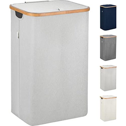 LONBET 26 Gal. Laundry Basket with Lid, Made from Breathable Fabric Aesthetic Clothes Hampers for Laundry with Side Handles & Sturdy Bamboo Frame Laundry Hamper with Lid & Removable Bag, Light Gray