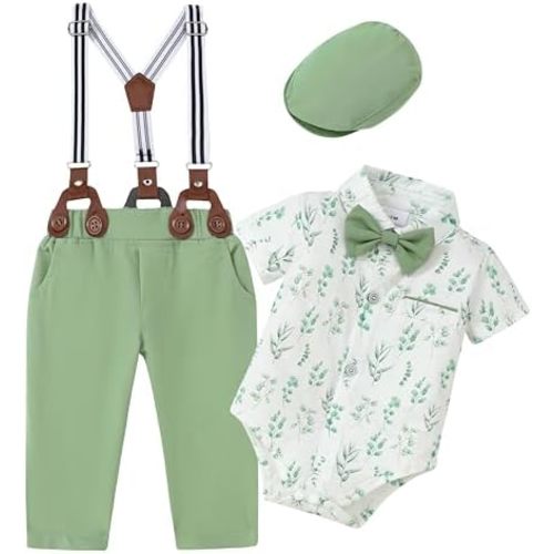 ZOEREA Baby Boy Suit Gentleman Outfit Clothes Infant Tuxedo Short Sleeve Dress Shirt+Suspender Pants+Bowtie+Hat 0-18M