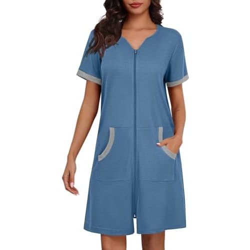 Ekouaer Women Zipper Robe Waffle Short Sleeve Bathrobes Lightweight Knee Length Housecoat with Pockets S-3XL