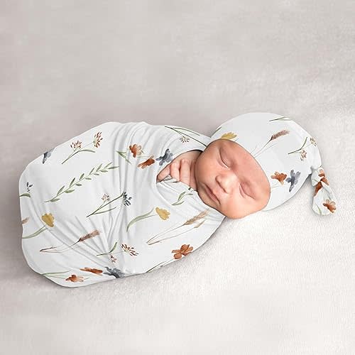 Sweet Jojo Designs Boho Floral Garden Flower Girl Baby Cocoon Swaddle and Beanie Newborn Jersey Set Infant Wearable Blanket Going Home Outfit Set - Watercolor Bohemian Farmhouse Vintage Shabby Chic