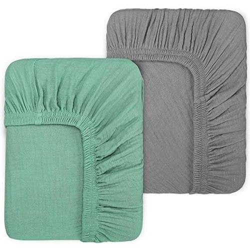 2 Pack Muslin Fitted Crib Sheets for Baby Girls & Boys-Neutral Breathable Crib Mattress Protector for Standard Crib Mattress (28"x 52") -Soft No Slip Toddler Cotton Bedding-Green & Grey