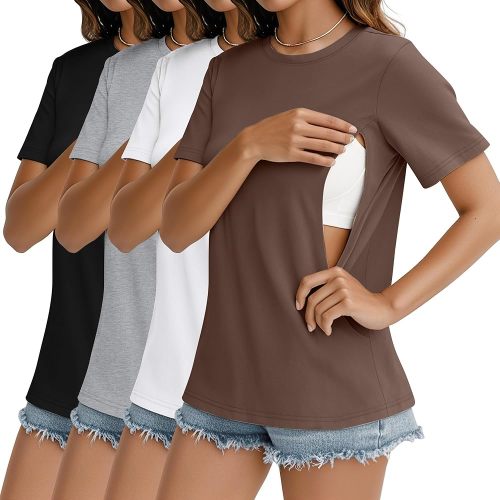 4 Pack Women's Nursing Breastfeeding Shirts with Zipper Cotton Loose Fit Short Sleeve Maternity Top Nursing Clothes