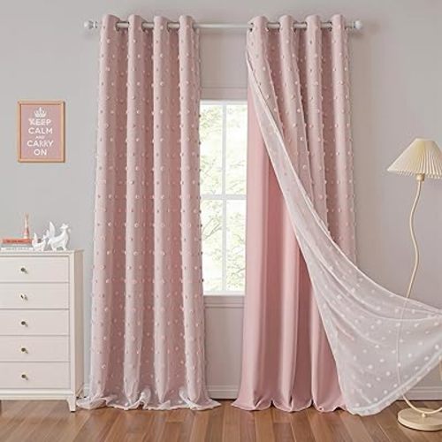 MYSKY HOME 90 Inches Long Curtains with Pink Pom Pom Sheer Nursery Curtain Girl Blackout Drapes for Kids Bedroom Double Layer Room Darkening Window Panels for Toddler Grommet, Pink, 52" Wide, 2 Pieces