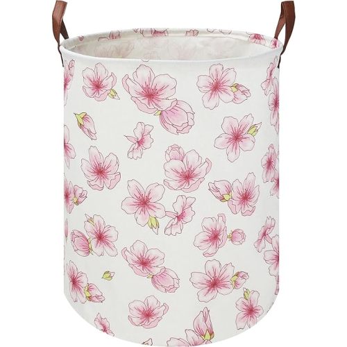 19.7" Pink Flower Laundry Basket,Kids Dirty Clothes Hamper,Waterproof Toys Storage Bin,Room Decor,Gift Baskets,Baby Nursery Hamper(Peach Blossom)