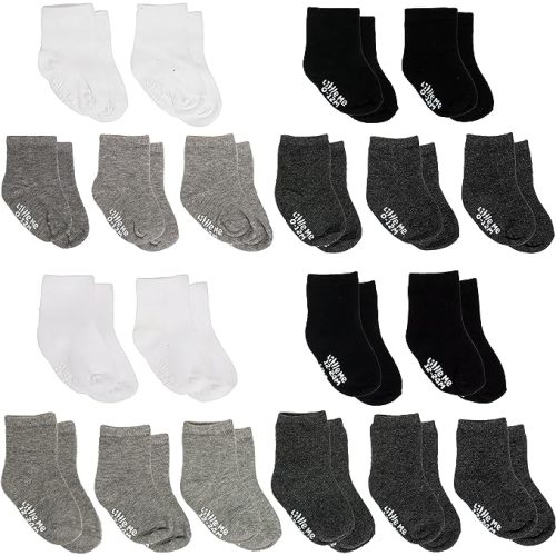 20-Pack Newborn Baby Infant & Toddler Unisex Socks, For Baby Girl or Boy, 0-12 & 12-24 Months, Assorted Size Pack - White, Heather Grey, Dark Grey, Black