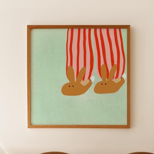 MIDNIGHT SNACK - Brownies | Bunny Slippers, Stripe Art, Stripe Print, Blue, Red, Pink, Bedroom Art, Bedroom Print, Kids Room Art, Kids Room