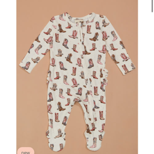 Future Cowgirl Ruffle Footie in Pink & Grey | Tullabee