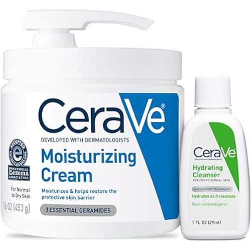 CeraVe Moisturizing Cream Combo Pack, Contains 16 Ounce with Pump & 1 Ounce Hydrating Facial Cleanser, Dry Skin Relief