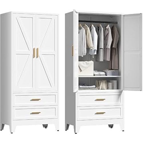 71'' Farmhouse Metal Wardrobe Cabinet with Hanging Rod, 2 Barn Door Wardrobe Closet with Adjustable Shelves,2 Drawer,for Dining Room,Bedroom,Living Room, Cloak Room,Office (White)