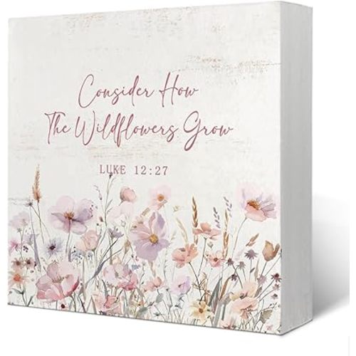Wildflower Nursery Decor, Baby Girl Nursery Decor, Pink Flower Floral Nursery Decor for Girls, Bible Verse Luke 12:27 Wooden Box Sign Wall Desk Decor, 5x5, burlywood