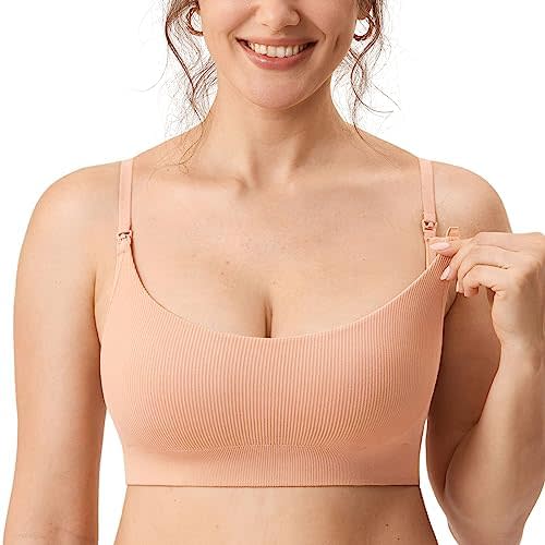MOMANDA Women's Nursing Bras Ribbed Seamless Bralettes Support Sports Bra Wireless Maternity Breastfeeding Bra Sleep