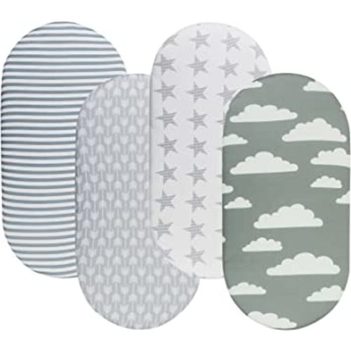 Bassinet Sheets for Baby Boy and Girl, Stretchy Breathable Fitted Sheet Universal for Bassinet Cradle Hourglass Oval Rectangle Pad/Mattress, 4 Pack Stripe Star Cloud and Arrow Printing