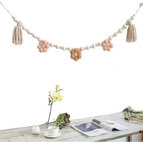 1 Pcs Boho Tassel Garland with Wooden Beads, Daisy Wooden Tassel Garland Decor for Farmhouse Wall Classroom Daisy Birthday Party Banner Baby Shower Decoration