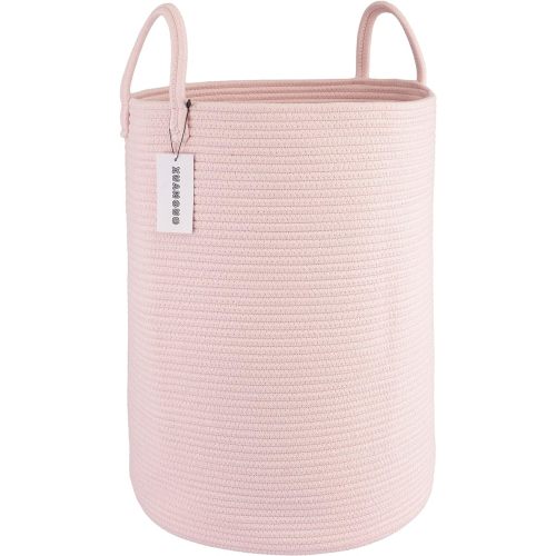 Cotton Rope Laundry Basket Hamper for Clothes Woven Storage Basket for Living Room Bedroom Boho Tall Rope Baskets for Blanket Toys Pillow Towels Baby Nursery Hamper Bin Large light pink