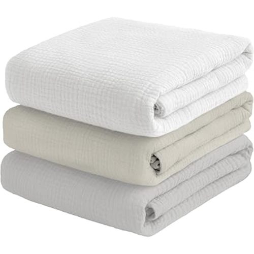 Muslin Swaddle Blankets for Baby Boy - 3 Pack 47x47 Inch Large Receiving Blankets, Soft Breathable Cotton Nursery Swaddles for Newborn, Infant & Todler (Gray, Cream White, White)