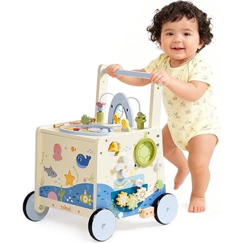 ROBOTIME Wooden Baby Walking Toy, Montessori Baby Walker Push Toy with Adjustable Height & Speed, Activity Center Baby Push Toy with Music, Fishing Game & Storage for Toddler 10M+ (Ocean World Theme)