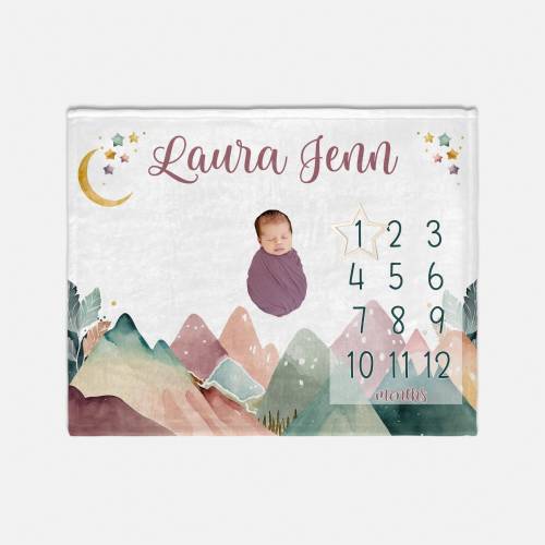 Girl Mountains Baby Milestone Blanket, Mountains Moon Milestone Blanket, Personalized Baby Blanket, Monthly Blanket, Boho Adventure M33