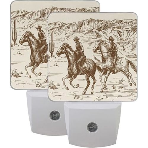 Western Desert Cowboy Night Lights 2 Pack Plug-in Wall Led Nightlight Auto Dusk-to-Dawn Sensor Lamps for Bedroom Kitchen Bathroom Hallway Stairs