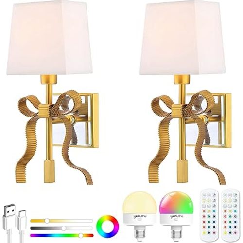 Battery Operated Wall Sconces Set of 2, Gold Rechargeable Bow Wall Light with 5200mAh Dimmable Bulbs & Remote, 15 Colors Wireless Brass Wall Lamp for Bedroom Living Room Hallway Decor