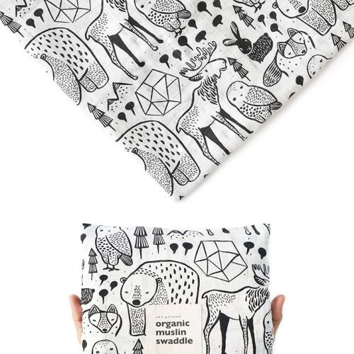 Wee Gallery, Organic Muslin Swaddle - Forest - Woodland Animals Design, Black and White for Baby Visual Development, Quality Cotton Swaddling or Receiving Blanket