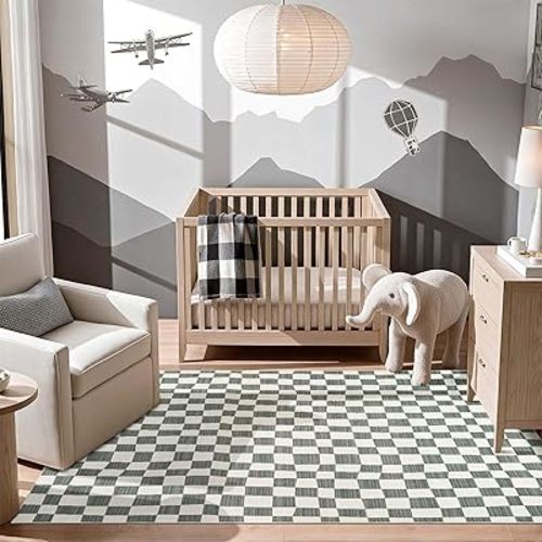 jinchan 5x7 Checkered Area Rugs for Kids Room - Machine Washable Soft Rug Modern Geometric Lattice Non-Slip Carpet for Nursery Playroom Classroom Living Room Bedroom Dining Room Home Office Grey