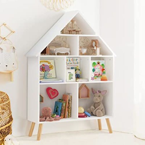 Kids Dollhouse Bookshelf and Baby Storage - Wooden Stand Dollhouse Bookcase with 4-Tier Storage Display Organizer, Children Bookshelf for Playing Room, Nursery - White