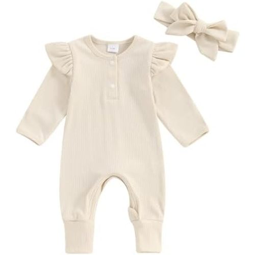 Newborn Baby Girls Clothes Infant Ruffle Knit Romper Long Sleeve Ribbed Bodysuit Onesie Jumpsuit Headband Coming Home Outfit