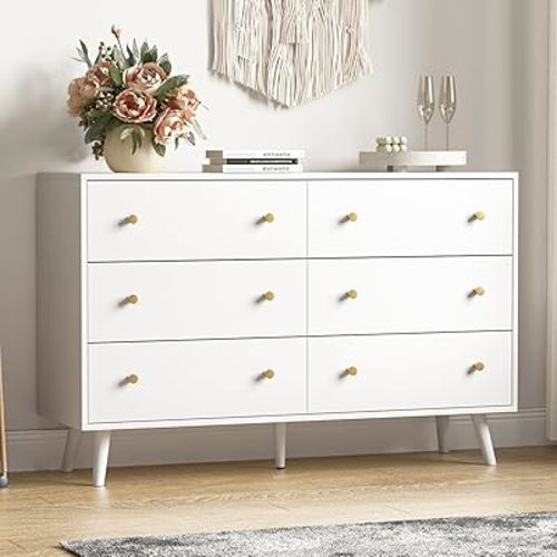 White Dresser for Bedroom, Modern 6 Drawer Double Dressers with Gold Handles, Wood Chest of Drawers for Living Room, Hallway, Entryway