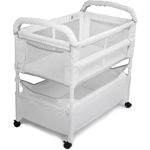 Arm’s Reach Clear-Vue Co-Sleeper Bedside Bassinet Featuring Clear Mesh Panels with Fold-Down Side, Large Attached Storage Basket, 4 Wheels, and Height-Adjustable Legs, White